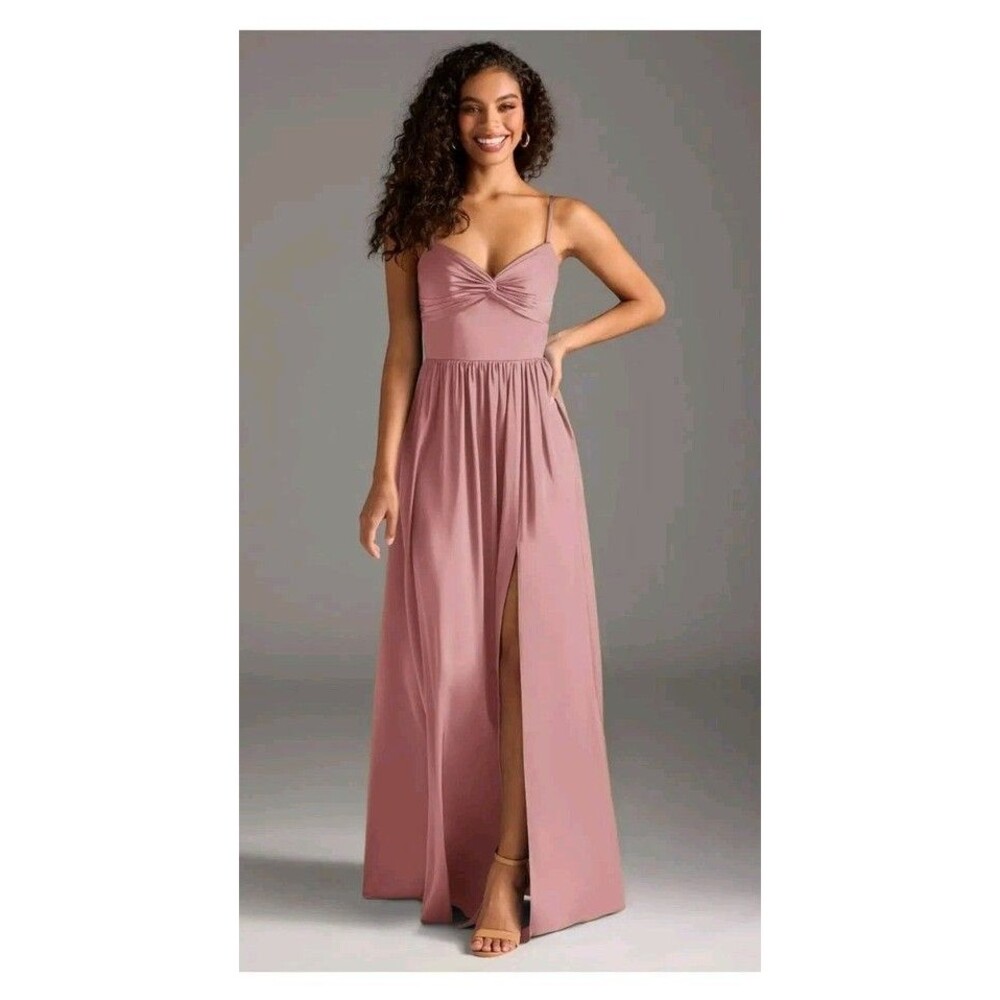 Azazie Zeya Vintage Mauve Chiffon Bridesmaid Dress With Slit Maxi Gown size 12